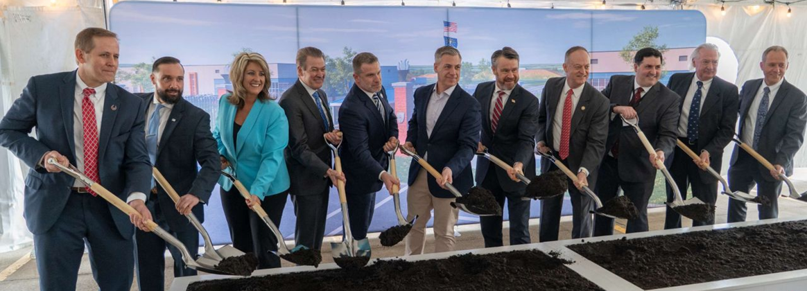 NSWC Crane leadership breaking ground on Prometheus Energetics and ACMI Group facility alongside partners.